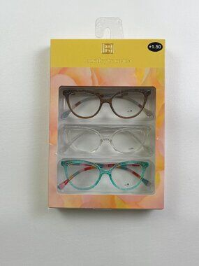 Laundry by Design 3 Pack Reading Glasses +1.50 Brown Clear Aqua Glitter New
